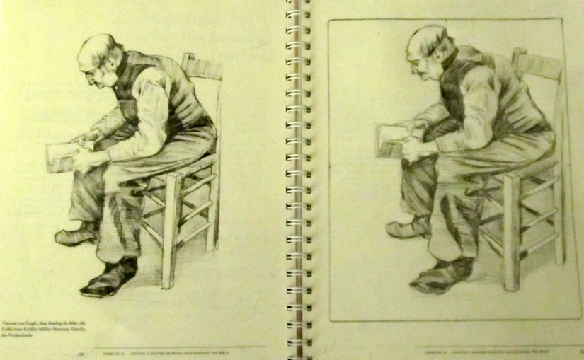 Copying a Master Drawing: Man Reading the Bible, by Vincent VanGogh